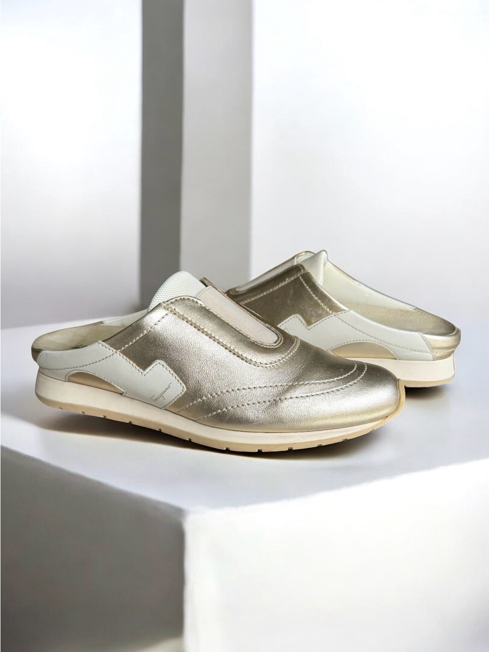 Salvatore Ferragamo Metallic Gold Sneakers Mules Vintage